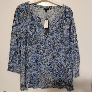 Talbots Blue Paisley Split-Neck 3/4 Sleeve Cotton Top Size PL